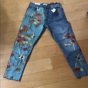 Zara Blue Straight Leg Jeans with Red Floral Design